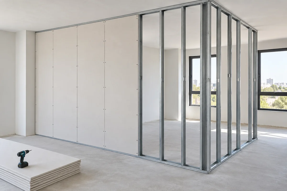 Paneles de yeso y perfiler&iacute;a met&aacute;lica de un sistema drywall en un espacio interior
